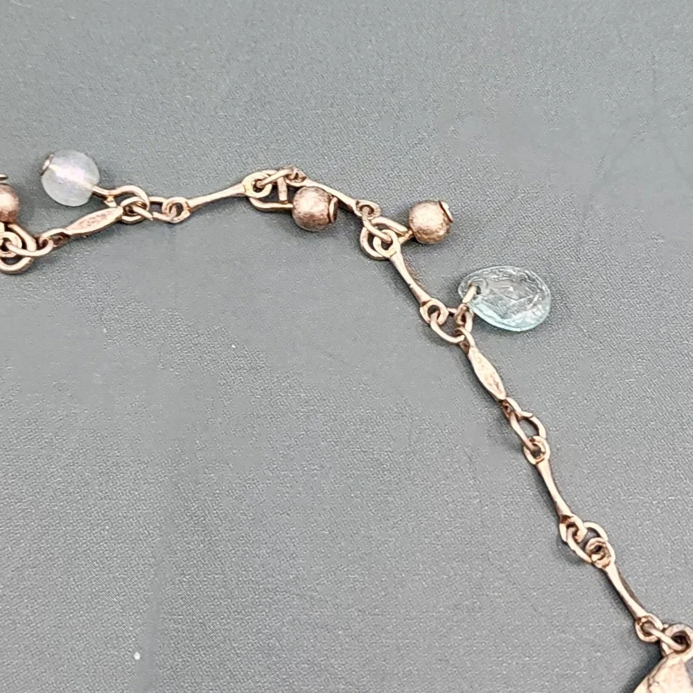 Antiqued Copper Tone Charm Bracelet Blue Glass Beads Iridescent Disc Dangles